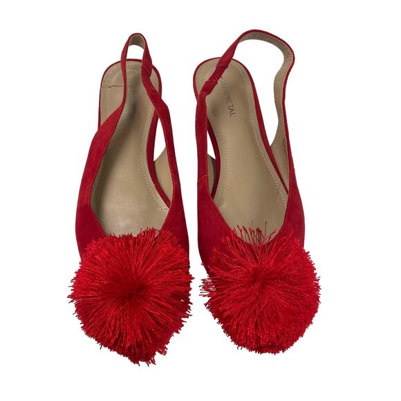 Gunmetal Samantha Red Pom Pom Pointed Toe Sling Back Flats Womens 8.5 - Picture 1 of 7